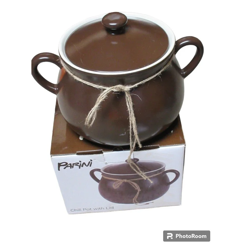 Parini Dark Brown Ceramic Handled Chili Pot w/ Lid 5 Quart
